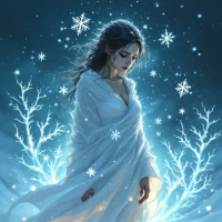 A serene woman draped in white stands amidst softly glowing snowflakes and branches, embodying the contemplative essence of the quote on the nature of war as a crime.