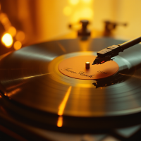 A close-up of a vinyl record on a turntable with a stylus gently touching the surface, surrounded by warm, glowing lights, embodying the quote about music bringing people together.