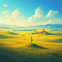 A person stands on a grassy hill, gazing out over a vibrant landscape with rolling fields and a distant village, embodying the joy of belonging to something greater.