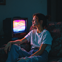 A young woman sits on a floral couch, gazing thoughtfully at a vintage television displaying colorful static, reflecting a moment of introspection inspired by a quote about fleeting happiness.