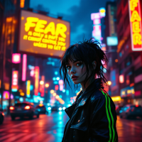 A young woman stands confidently in a vibrant, neon-lit cityscape, facing the camera. A large sign behind her reads, Fear is only a part of your mind. It cannot control you unless you let it.