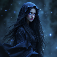 A mysterious young woman with long dark hair, wearing a flowing black cloak, stands against a starry, ethereal backdrop, embodying the quote about her love for mysteries.