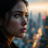 A close-up of a thoughtful young woman gazing thoughtfully at a sprawling city skyline at twilight, reflecting on the dual nature of ambition and its consequences.