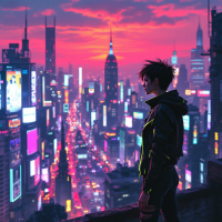 A figure stands on a rooftop, gazing over a neon-lit cityscape at sunset, embodying resilience and presence amidst the vibrancy and chaos, reflecting a connection to the moment.