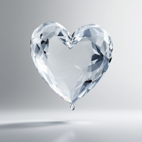 A faceted crystal heart hovers above a smooth surface, reflecting light and creating delicate shadows, symbolizing the intertwining of love and loss in our existence.