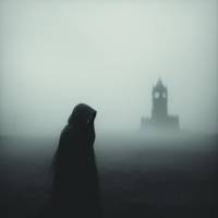 A cloaked figure stands in a misty landscape, shrouded in fog, with a distant, eerie clock tower looming behind, capturing the haunting essence of memories and the past.