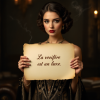 A woman in vintage attire holds an aged parchment that reads La vérité est un luxe, evoking themes of truth and the challenges of communication in a richly decorated setting.