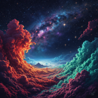 A vibrant cosmic scene with swirling clouds of deep orange and teal, illuminated by countless stars, evoking the universe's vastness and its intriguing, sometimes dangerous, wonders.