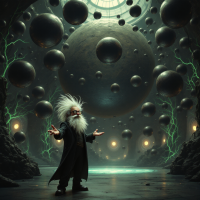 An eccentric figure with wild hair gestures amidst shadowy spherical shapes and glowing energy, illustrating Slartibartfast's realm of planet creation.