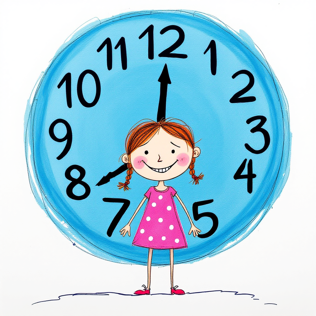 A cheerful girl in a pink polka dot dress stands in front of a large blue clock, emphasizing the concept of facing deadlines. The clock shows nearly 12 o'clock.