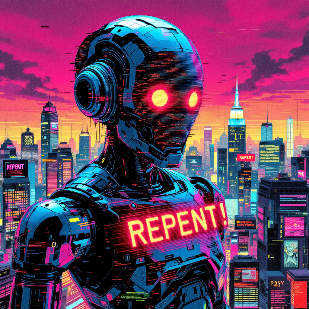 A futuristic robot with glowing red eyes and a neon REPENT! message stands against a vibrant city skyline at dusk, illuminated by colorful lights.