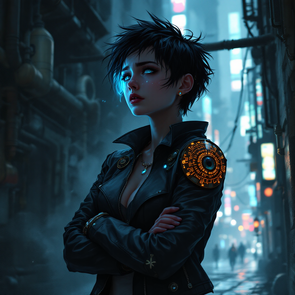 A young woman with short, messy hair stands confidently in a dimly lit urban alley, wearing a black leather jacket adorned with an orange emblem, embodying support and resilience.