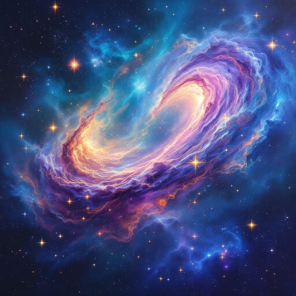 A vibrant, swirling galaxy filled with blues, purples, and golds, representing the vast wonders of the universe, inviting exploration and discovery.