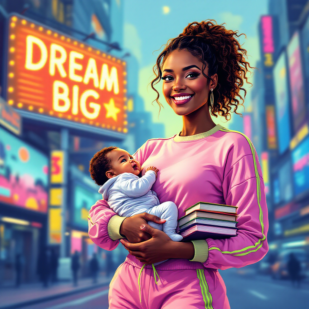 A confident woman in a pink tracksuit holds her baby and books, standing in a vibrant city scene with a Dream Big sign, embodying the harmony of motherhood and ambition.