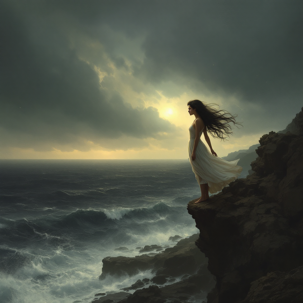 A woman in a flowing white dress stands on a rugged cliff, gazing bravely into stormy waters beneath a dramatic, cloud-filled sky, embodying the essence of courage amidst fear.