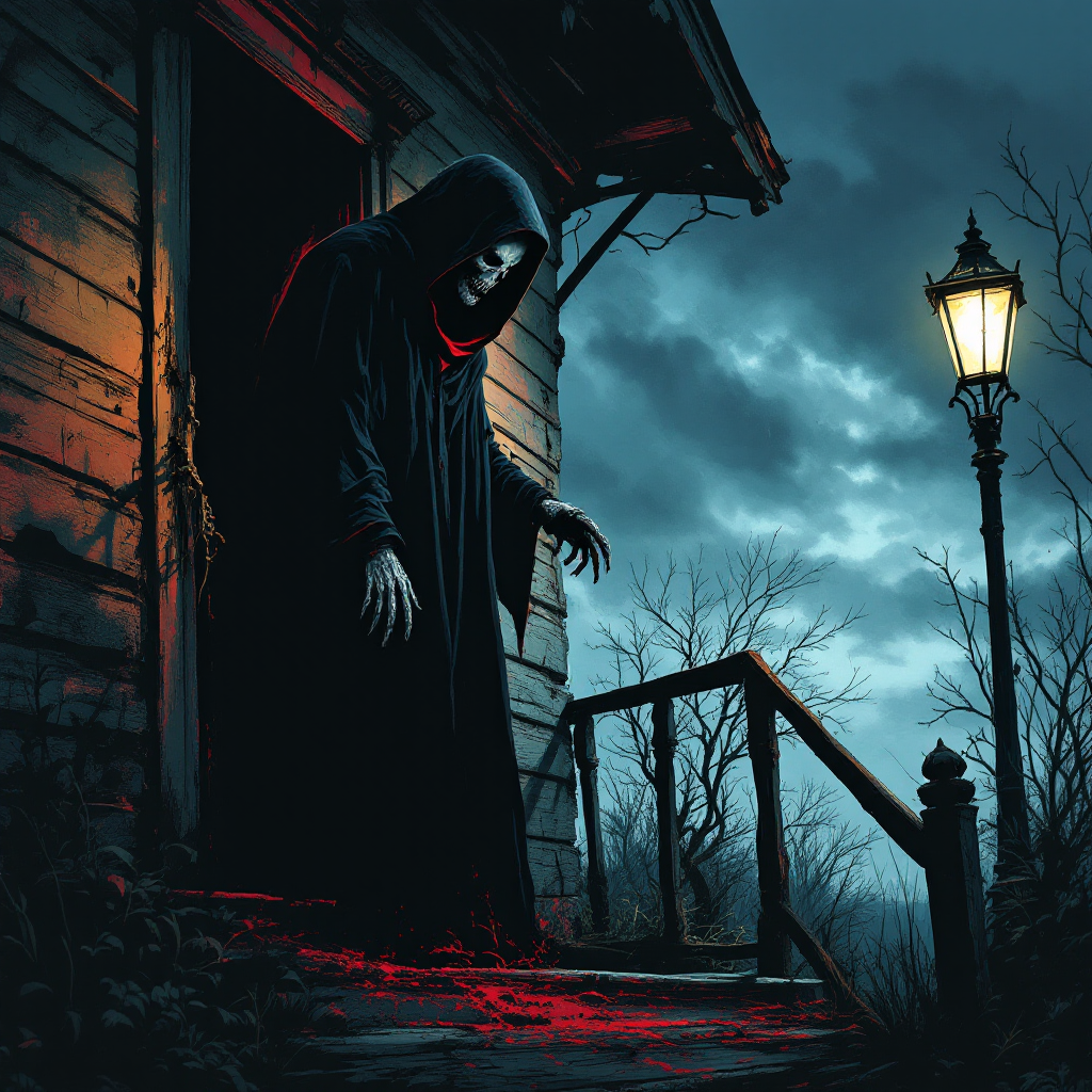 A hooded figure looms at the entrance of a dimly lit, eerie house, surrounded by dark trees and a flickering lamppost, embodying the quote about unexpected encounters with death.