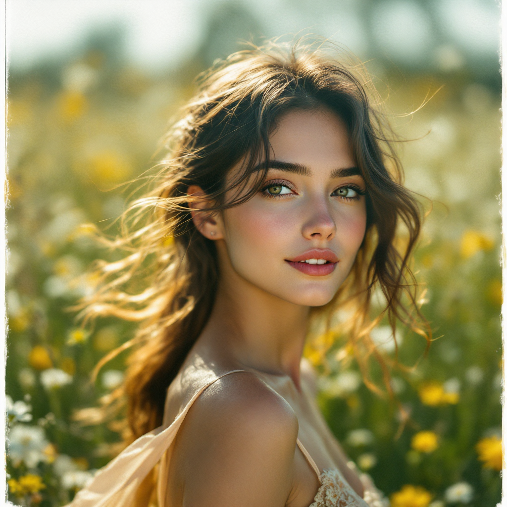 A woman with glowing skin and flowing hair smiles gently amidst a field of wildflowers, embodying the essence of living life to the fullest, as highlighted in the quote on fleeting moments.