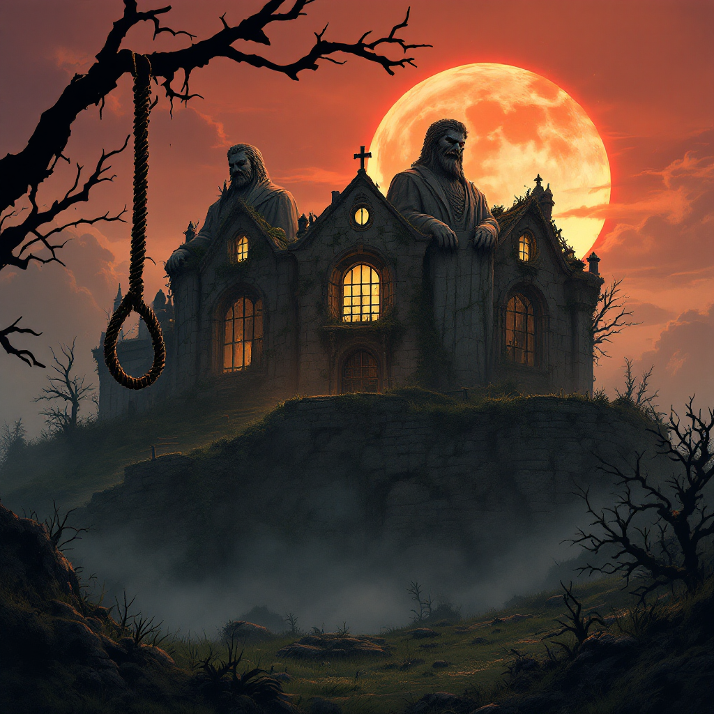 A foreboding, haunted mansion looms against a blood-orange moon, with dark figures flanking its windows and a noose hanging ominously from a tree, embodying the legacy of power and oppression.