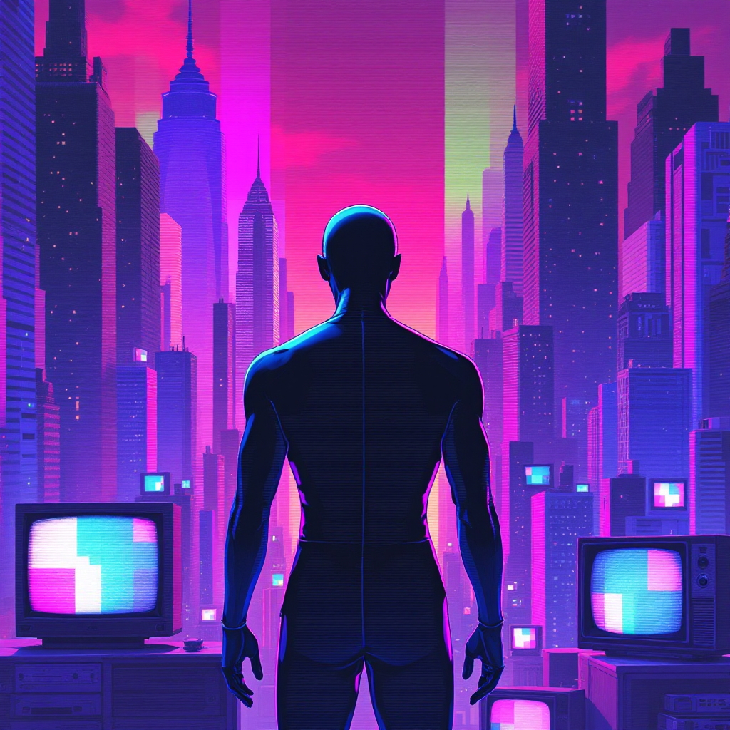 A silhouetted figure stands before a vibrant cityscape, illuminated by neon lights and retro TVs, embodying the idea that actions define beliefs.