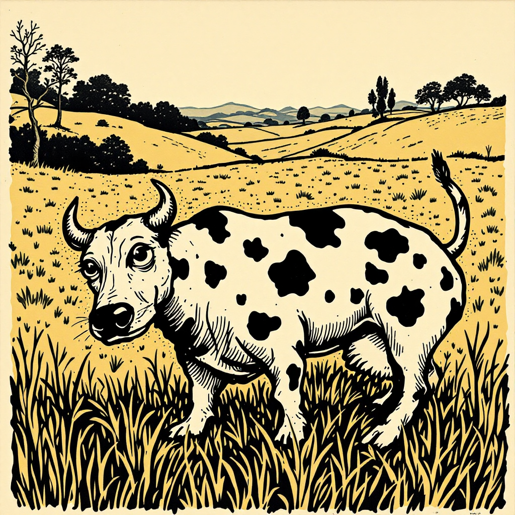 A whimsical illustration of a spotted cow standing in a grassy field, set against rolling hills and trees, embodying the theme of individuality and self-improvement.