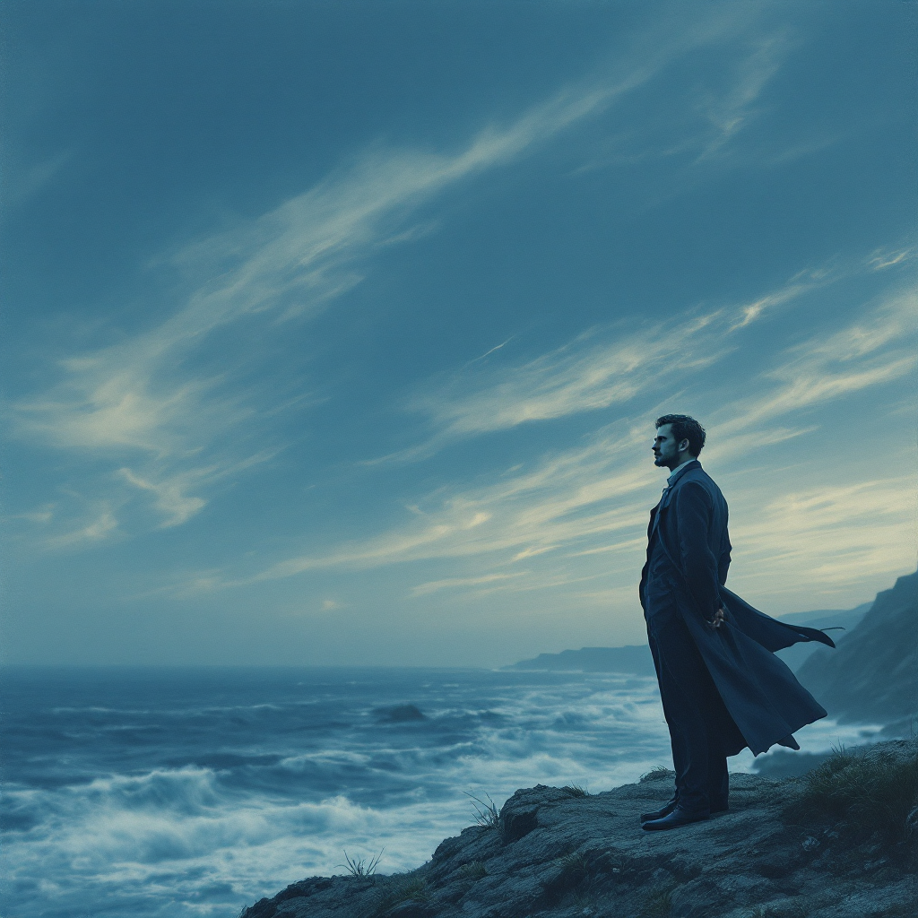 A solitary man in a long coat stands on a rocky cliff, gazing out at a turbulent ocean under an expansive blue sky, embodying the essence of self-reflection and solitude.