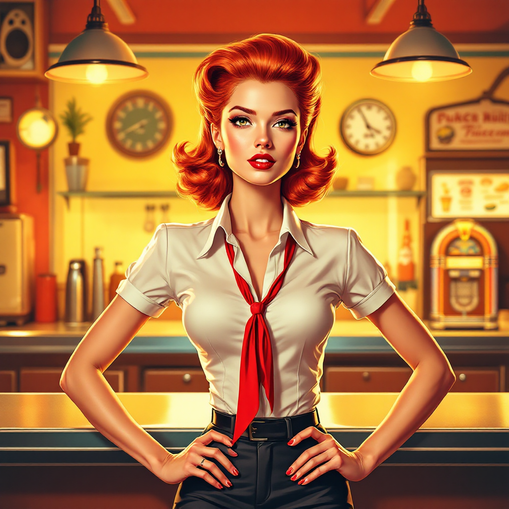 A confident woman with vibrant red hair stands at a diner counter, wearing a vintage white shirt and red tie, embodying the essence of making the most of what you have in life.