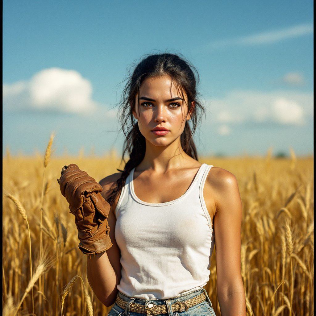 A young woman stands confidently in a golden wheat field, holding a brown glove. Her expression reflects determination, embodying the quote about the importance of action over just thought and feeling.