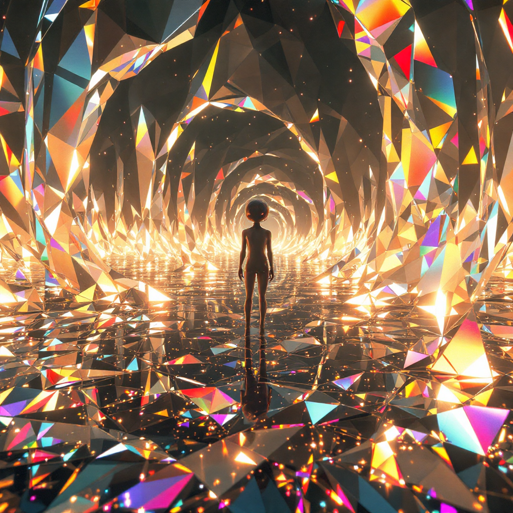 A silhouetted figure stands amidst a dazzling, crystalline tunnel, reflecting light in myriad colors, embodying the concept of reality bending and breaking.