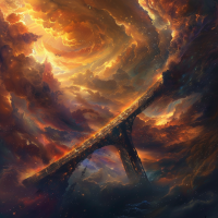 A massive, lifeless bridge is forming amidst swirling clouds and dark depths, evoking the quote about a bridge building itself in the black deeps of Jupiter.