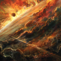 A massive bridge constructs itself amid swirling clouds and fiery skies, set against the backdrop of Jupiter's black deeps in a dramatic, otherworldly scene.