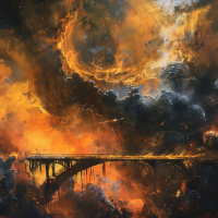 A massive, lifeless bridge builds itself amidst the fiery, dark clouds and swirling chaos in the black deeps of Jupiter.