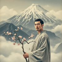 A man stands amid majestic mountains, holding a blossoming branch, embodying the quest for understanding and strength to change, inspired by the quote on striving for personal growth.