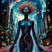 A surreal figure with a glowing, colorful crown stands in a vibrant, urban landscape, embodying themes of altered reality and existential exploration amidst geometric shapes and a shimmering path.