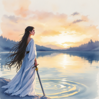 A serene figure in a flowing white dress stands by a tranquil lake at sunset, holding a sword, embodying courage and determination despite the fear of the unknown.