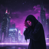 A hooded figure stands in a neon-lit cityscape, hands clasped in anguish, reflecting feelings of confusion and mental turmoil against a dark, starry sky.