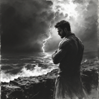 A solitary man stands at the edge of a stormy sea, lightning illuminating his contemplative expression, embodying the quote about integrity in the face of unobserved actions.