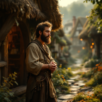 A thoughtful man stands in a quaint village, surrounded by rustic cottages and lush greenery, embodying the spirit of community and love emphasized in the quote about greatness.