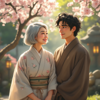 A man and woman in traditional kimonos smile at each other under blooming cherry blossom trees, embodying connection and understanding of their backgrounds.