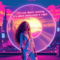 A confident individual stands in a vibrant cityscape at sunset, framed by a neon circle, with the quote “It’s not about winning, it’s about doing what’s right” displayed above.