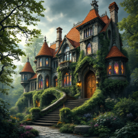 A grand, ivy-covered mansion with intricate architecture, surrounded by lush greenery and a winding stone path, embodying the desire to possess both beauty and mystery in a home.