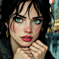 A close-up of a young woman with striking green eyes and tousled dark hair, lost in thought with an expressive gaze, embodying the emotion of longing from the quote about Bella.