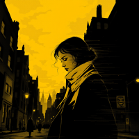 A figure in shadow stands thoughtfully against a vibrant yellow backdrop, surrounded by dark buildings, embodying the nuance of truth and deception from the quote, Every lie has a little bit of truth in it.