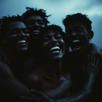 A group of four people with joyful expressions embraces each other in a dimly lit setting, embodying the idea of breaking free from societal conditioning to smile and conform.