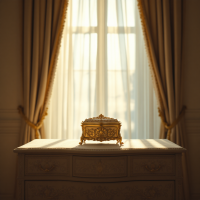 A beautifully ornate golden box sits on a refined dresser, illuminated by soft light filtering through elegant curtains, evoking a sense of safety in beauty.