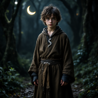 A young half-blood character stands in a dark, mystical forest, wearing a brown robe with a serpent emblem, illuminated by a crescent moon overhead. 