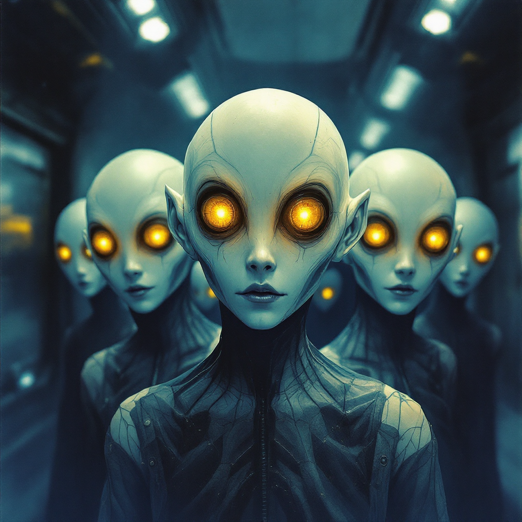 A group of humanoid figures with smooth, pale skin, prominent bones for eyebrows and lips, and glowing amber eyes resembling wolves, set in a dimly lit corridor.