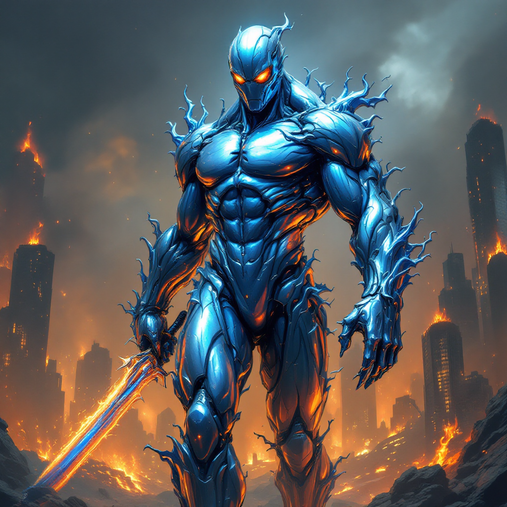 A futuristic warrior with a metallic blue form stands confidently amidst a fiery, desolate cityscape, embodying the courage to face fear as suggested by the quote.