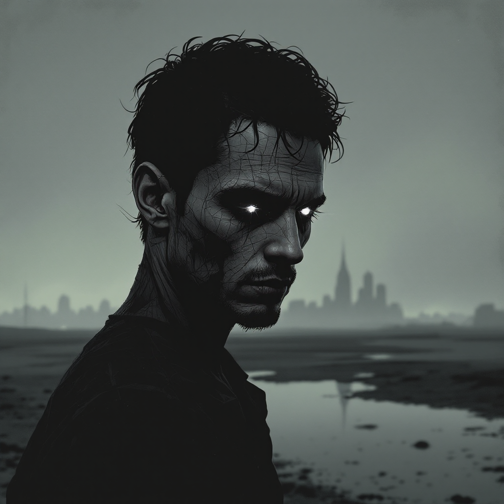 A dark, moody portrait of a man with hollow, glowing eyes, set against a shadowy skyline, reflecting themes of internal struggle and the search for truth.