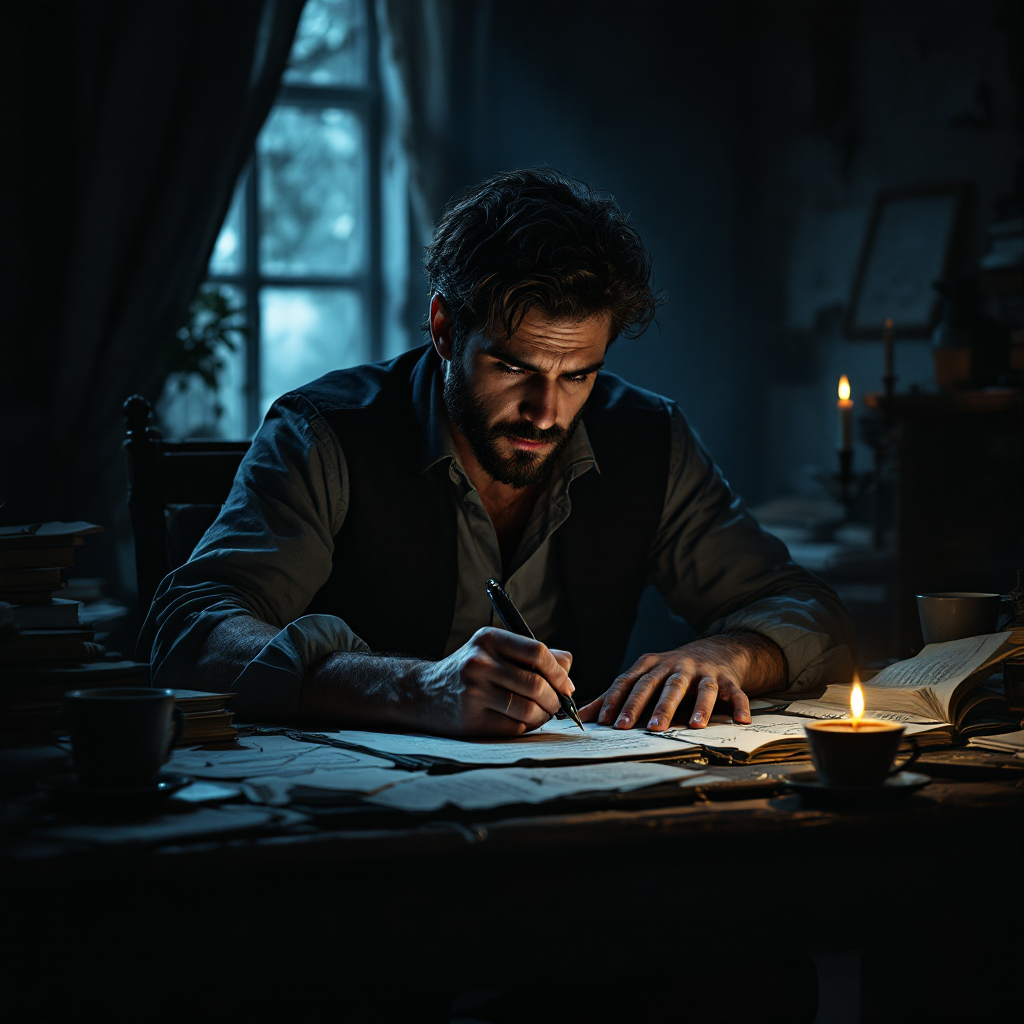 A focused writer sits at a dimly lit table, surrounded by scattered papers and books, as he pens his thoughts by candlelight, embodying the uncertainty of writing well.