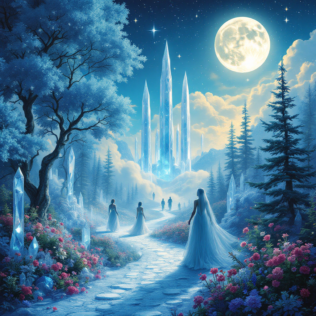 A magical landscape features a winding path leading to a crystal castle, surrounded by vibrant flowers and tall trees under a full moon, evoking the timeless essence of fairy tales.